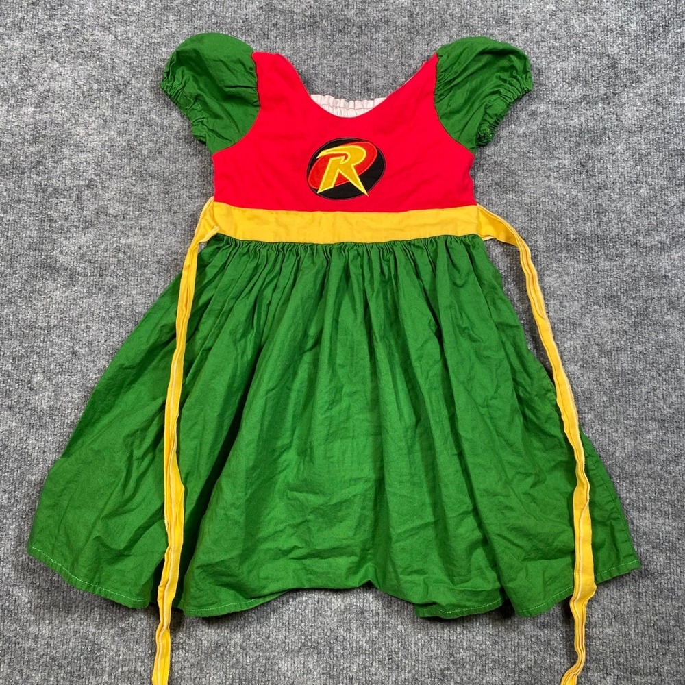 DC Comics‎ Robin Superhero Dress Girls Red Green Yellow Logo Smocked Back